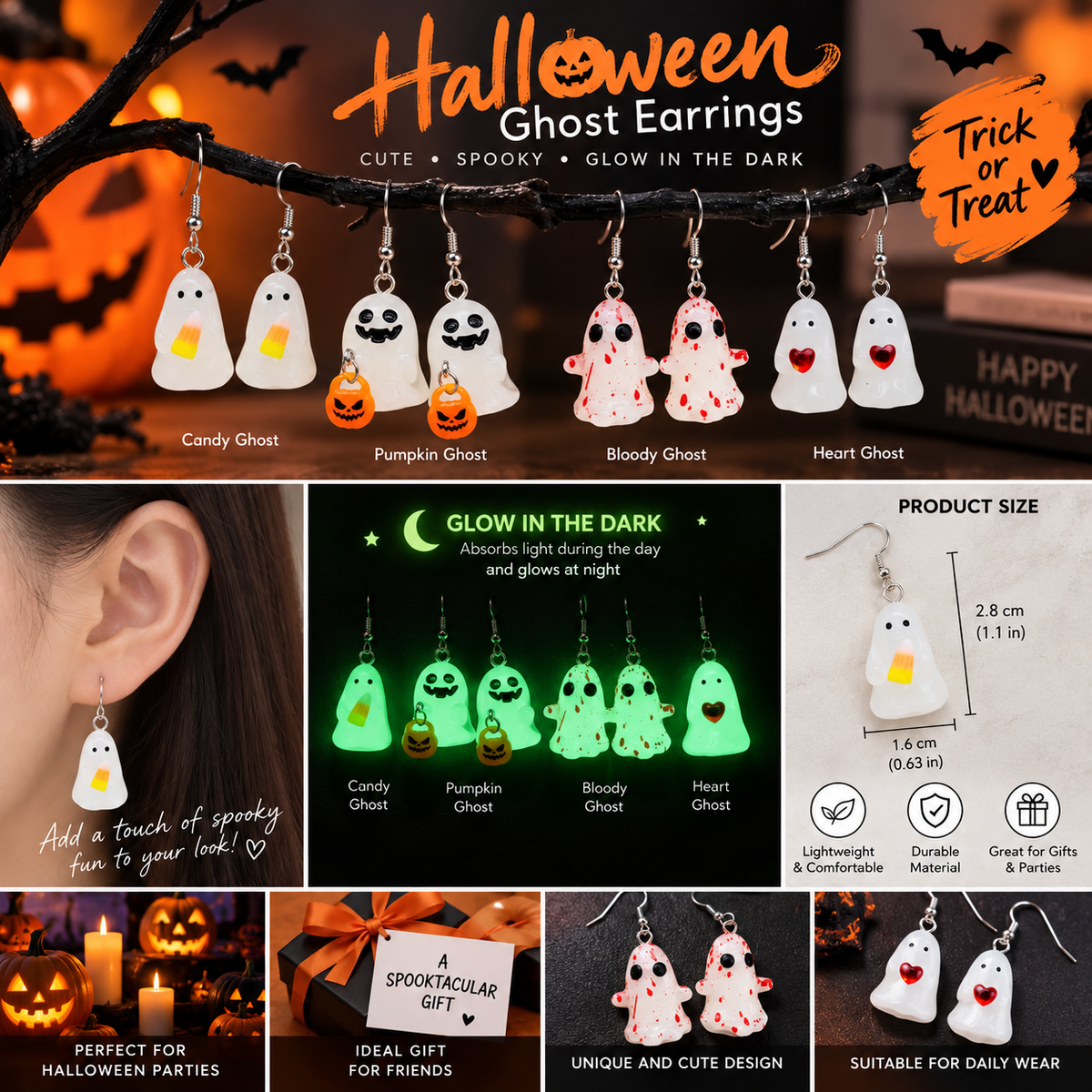 Halloween Ghost Earrings Set – 4-Piece Glow-in-the-Dark Collection