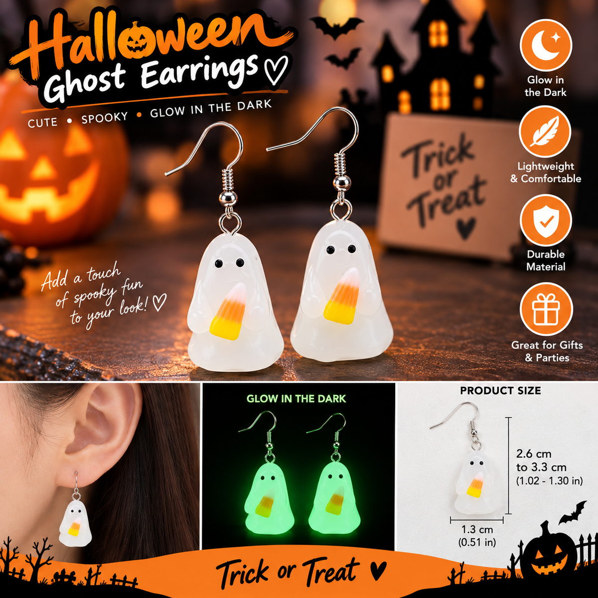Halloween Candy Ghost Glow-in-the-Dark Earrings