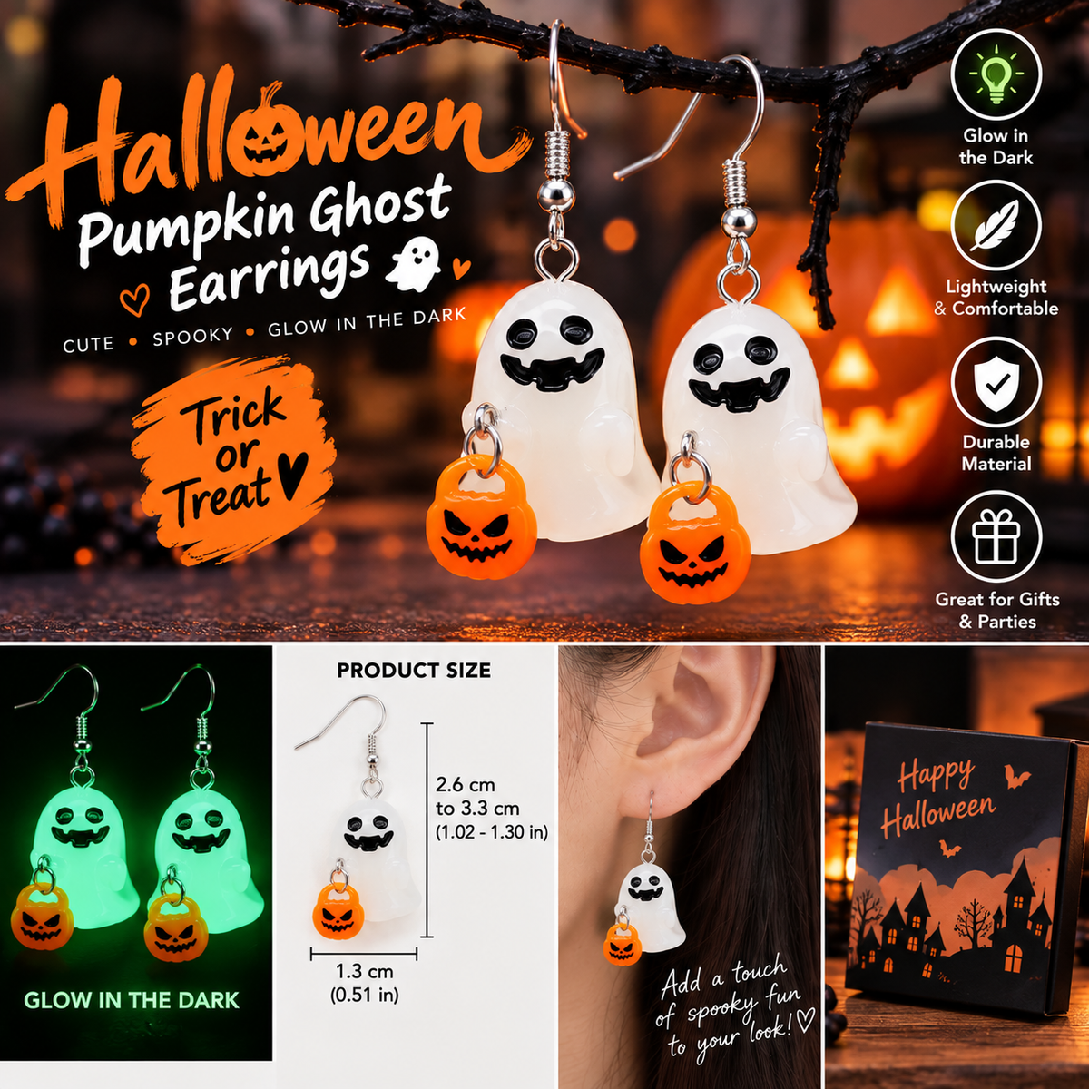 Halloween Pumpkin Ghost Glow-in-the-Dark Earrings