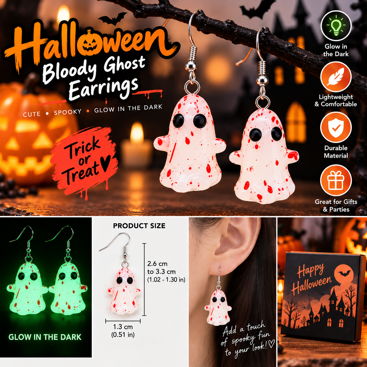 Halloween Bloody Ghost Glow-in-the-Dark Earrings