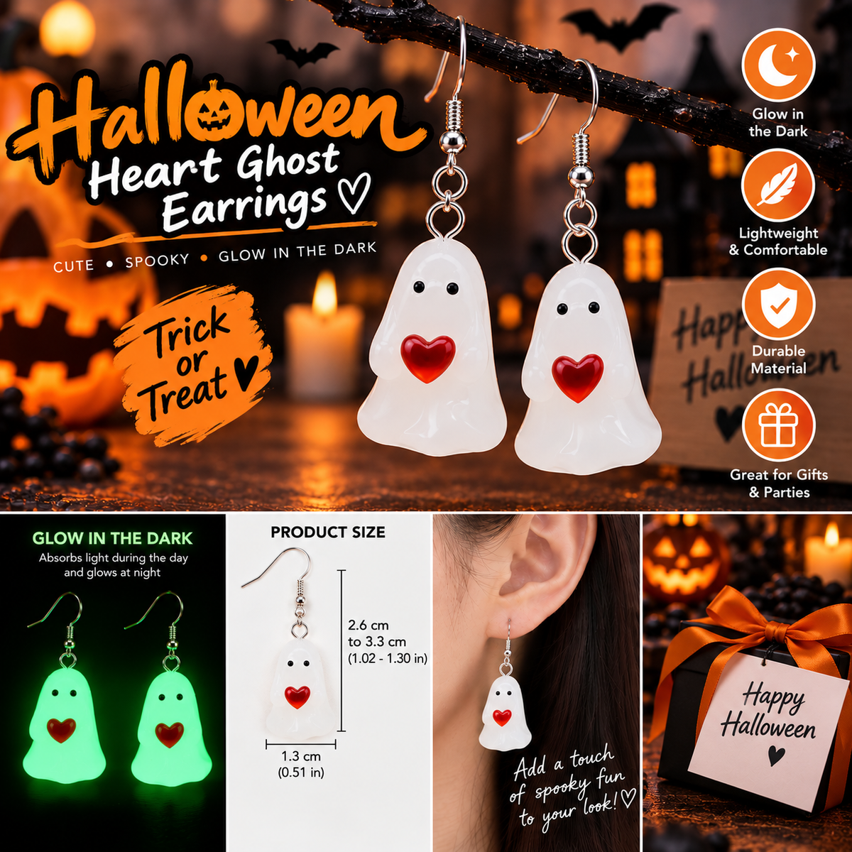 Halloween Heart Ghost Glow-in-the-Dark Earrings